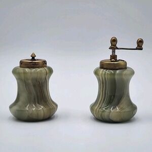 Vintage Acciaio Italian Onyx Salt And Pepper Shakers Green White Brass Tops